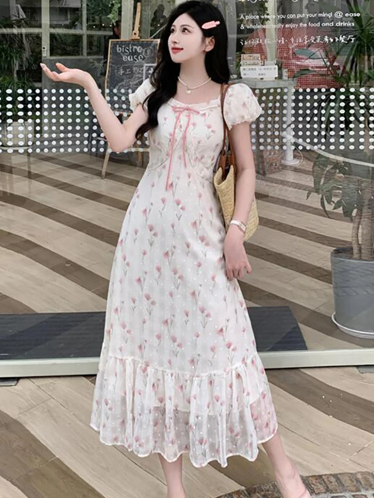 2025 Boho Floral Puff Sleeve Bow Square Collar Dress Women Elegant Casual Ruffled Beach Dress Summer Korean Bodycon Party Dress