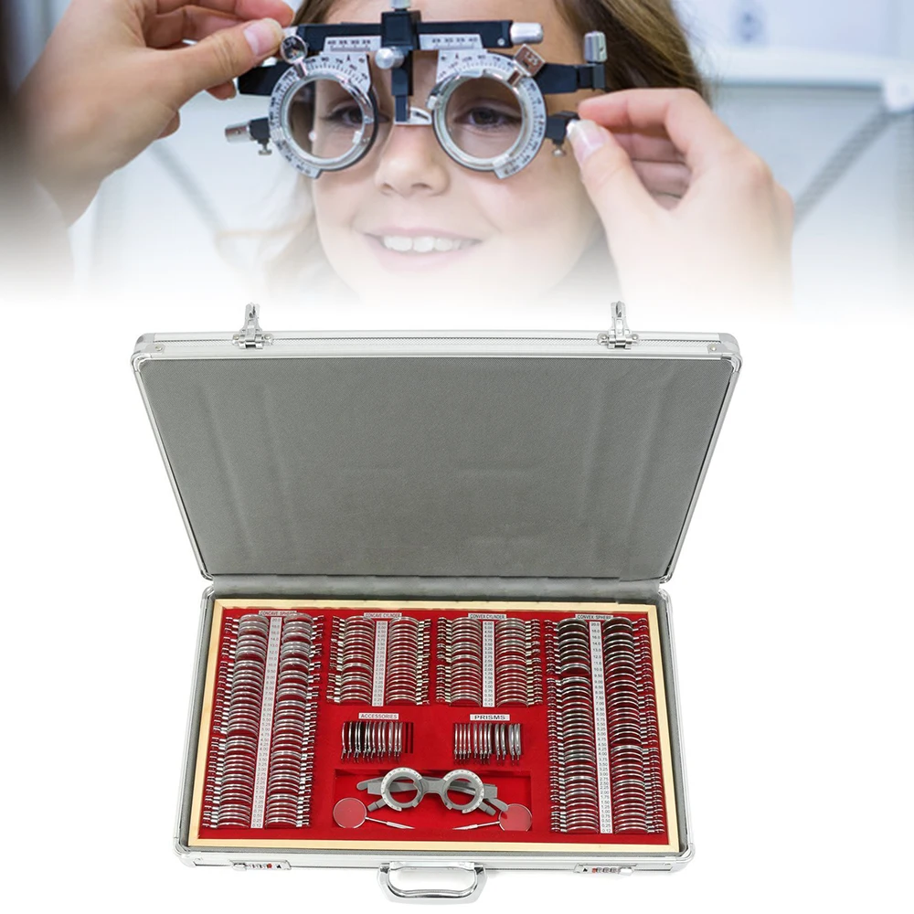 266Pcs Optical Trial Lens Set Optometry Kit Metal Rim Ophthalmic Lenses+Aluminum Case+Trial Frame+Cross Cylinders (266Pcs/Set)