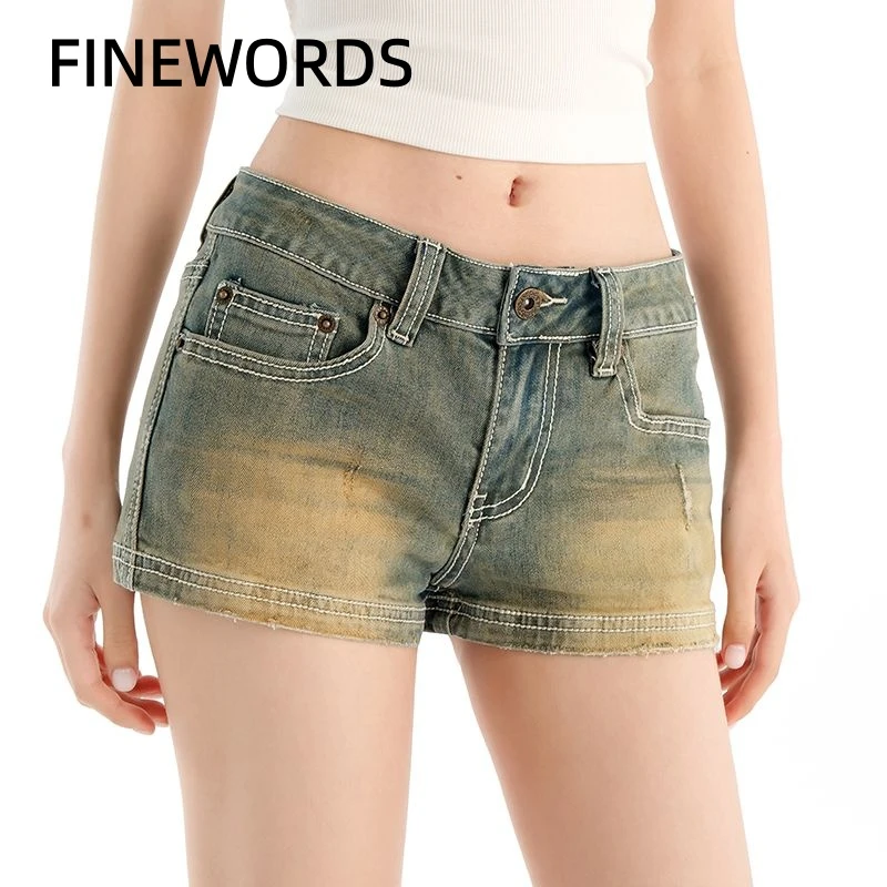 FINEWORDS 2026 Summer Women Low Waist Vintage Faded Denim Shorts Distressed Y2K Mini Hot Shorts Casual Streetwear Sexy Shorts