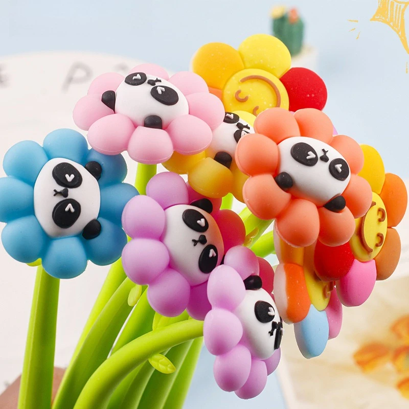 12 Pcs Neutral Pen Flower Cute Cartoon Panda Black Ink Gel Pens Writing Supplies Back To School