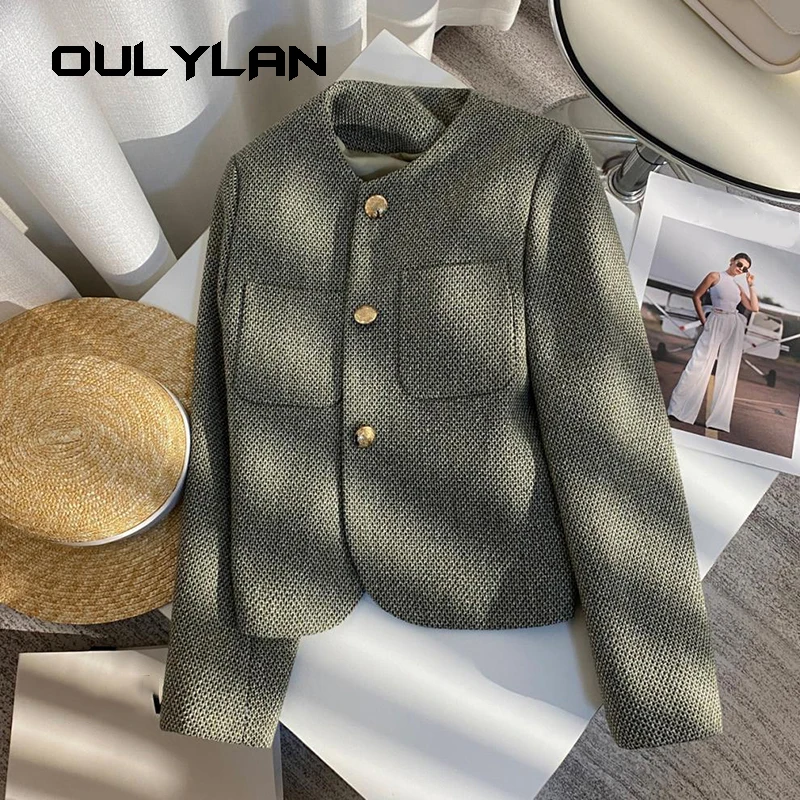 2024 Summer New Product Women's Casual Round Neck Long sleeved Fragrant Top Flip Decoration Short Suit Coat