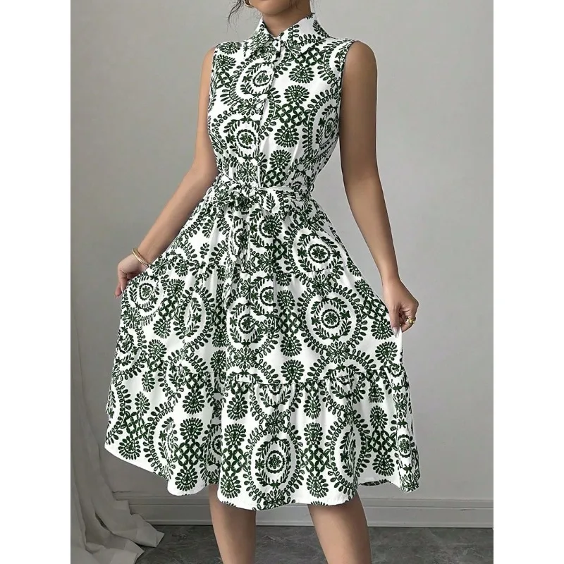 Women's Fashion Collar Waist Strap Tank Dress Ladies Casual Floral Printed Comfortable Sleeveless Party Dress