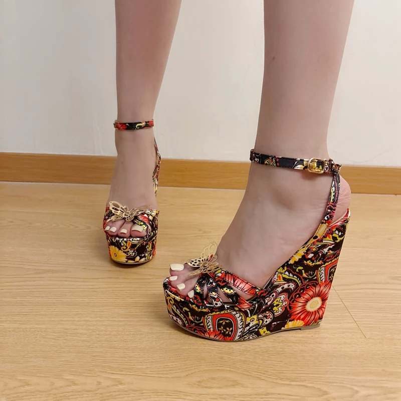 

14cm Wedge Sandals Women Colorful Flowers Platform Shoes Summer Metals Bow High Heels Sandaliass Mujer 2024 Tendencia