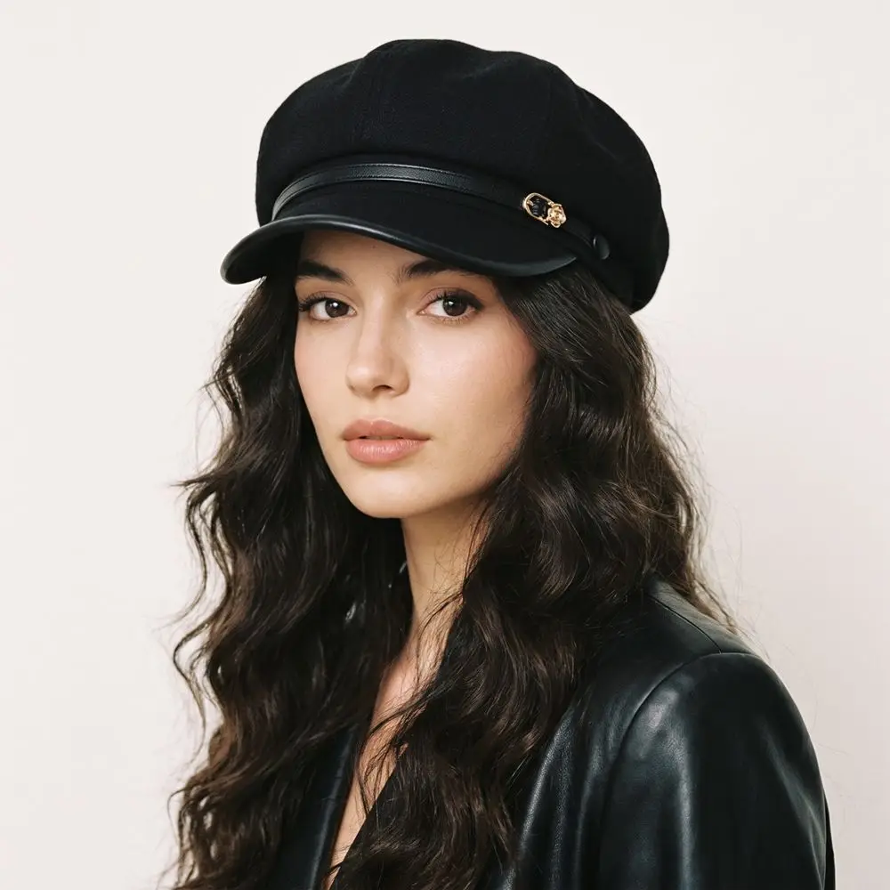 Fashion British Style Pu Leather Beret Belt Buckle Brown Suede Octagonal Hat Korean Style Retro Newsboy Cap Travel