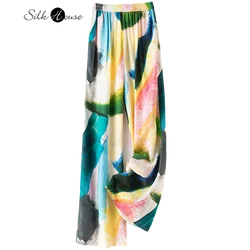 2024 Women's Fashion New 100%Natural Mulberry Silk Elastic Waist Loose Casual Contrasting Color Printed Wide Leg Pants