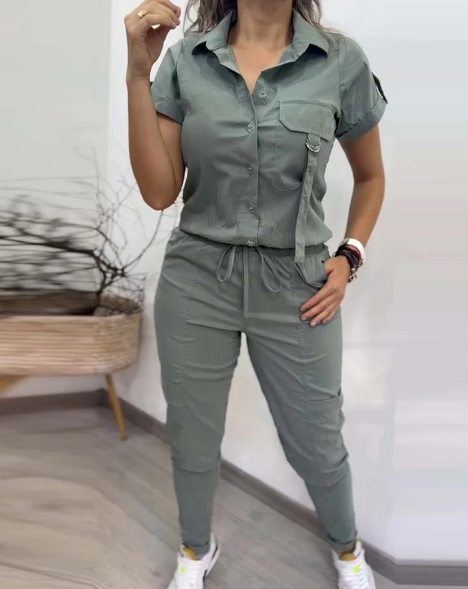 

Two Piece Set Women Outfit 2024 Summer Buttoned Short Sleeve Turn-Down Collar Top & Drawstring Pocket Skinny Daily Pants Set