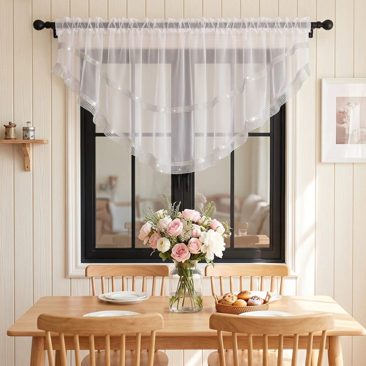 1PC European Sheer Voile Curtain With Silver Rhinestone Trim, Breathable Drape For Kitchen Living Room, Lovely Housewarming Gift