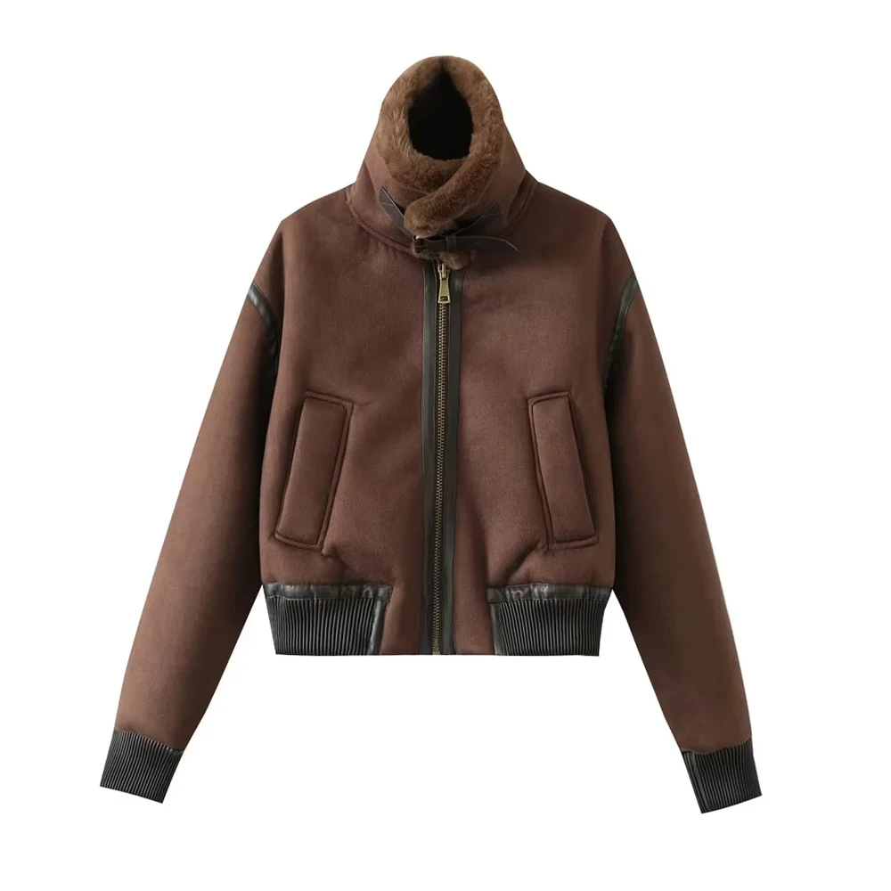 

PB&ZA Women's 2024 Autumn/Winter New Zipper Closure Ribbed Decoration Thick Warm Collar Casual Style Short Jacket