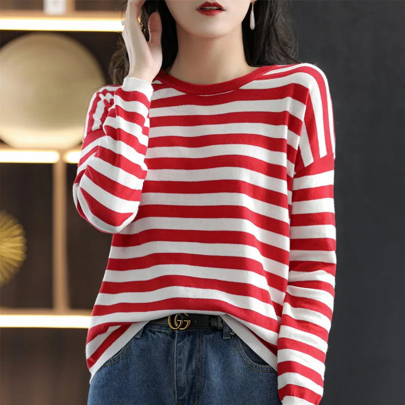 Classic Striped Spring Round Neck Pure Cotton Thin Long-Sleeved Women\'s Loose T-Shirt Contrast Color Knit Sweater Base SMY C16