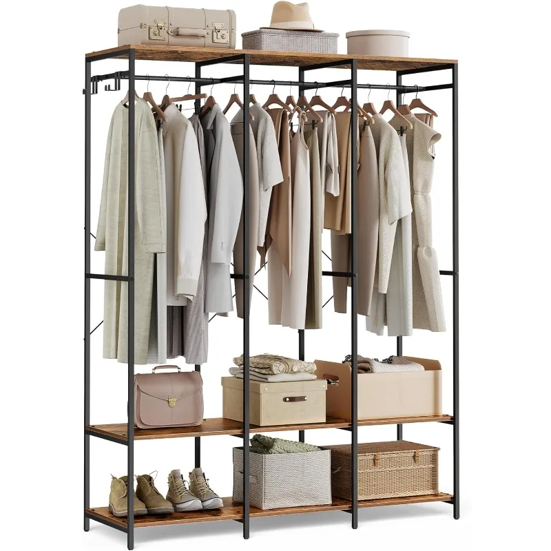 

Iron and Wood Wardrobe Closet Organizer, Heavy Duty Garment Rack with Hanging Rods, Closet Shelves, Removable Hooks