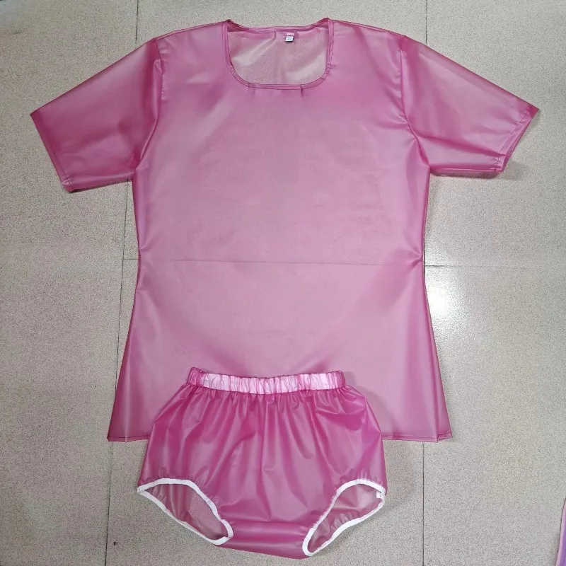 Pearlescent Pink PVC Short Sleeve Set Transparent Glossy Sexy Loungewear Plastic Sleepwear Slim Skinny Home Outfit See Through