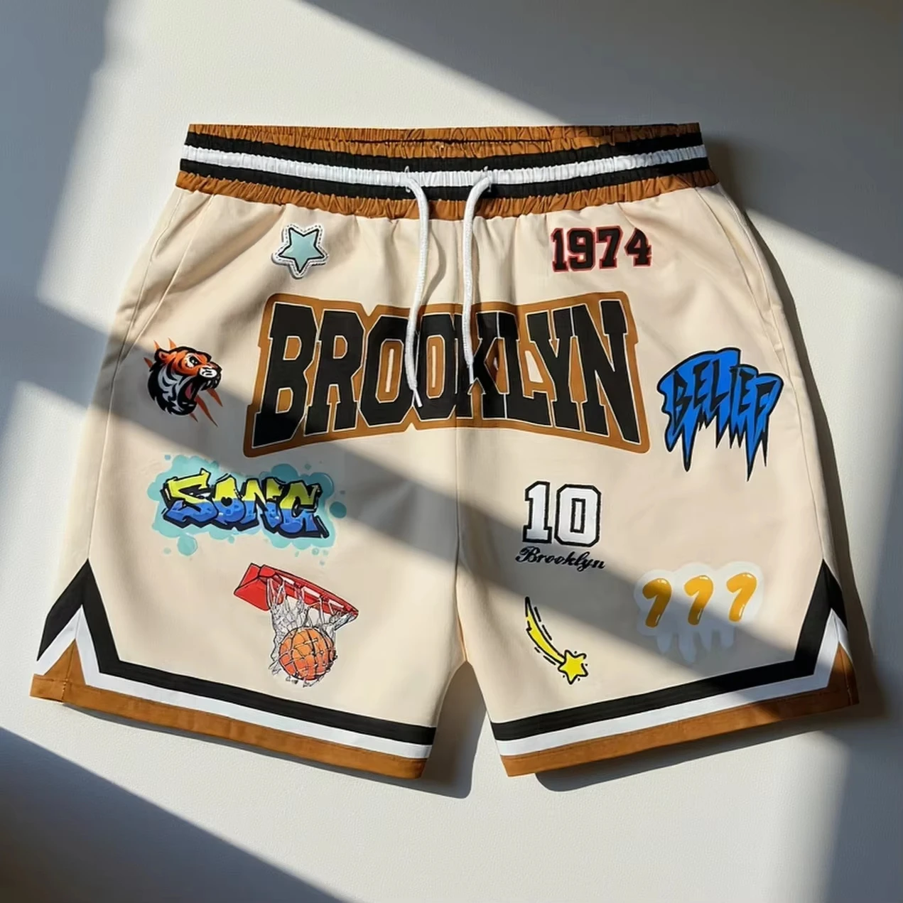 NEW Summer BROOK LYN Y2K Graphic Print Basketball Shorts Men's Casual Quick-dry Beach Shorts Comfy Relaxed-Fit Flexible Shorts