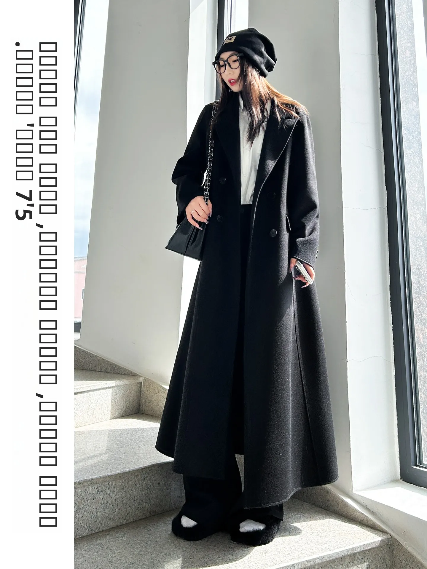 

Ele Long Bla Woolen Double-Faced Tweed Coat for Women Korean Sle Loose Fit with Buttons And kets Thi Autumn Coat