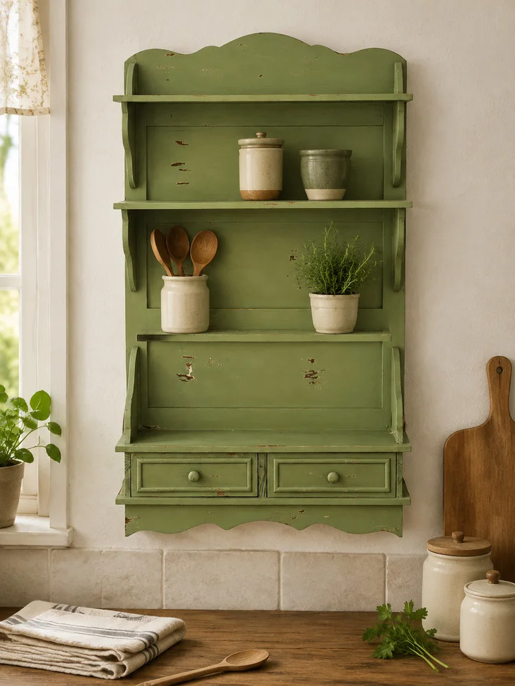 Rustic Wooden Wall Shelf with Drawers Farmhouse Hanging Storage Rack Vintage Distressed Display Organizer