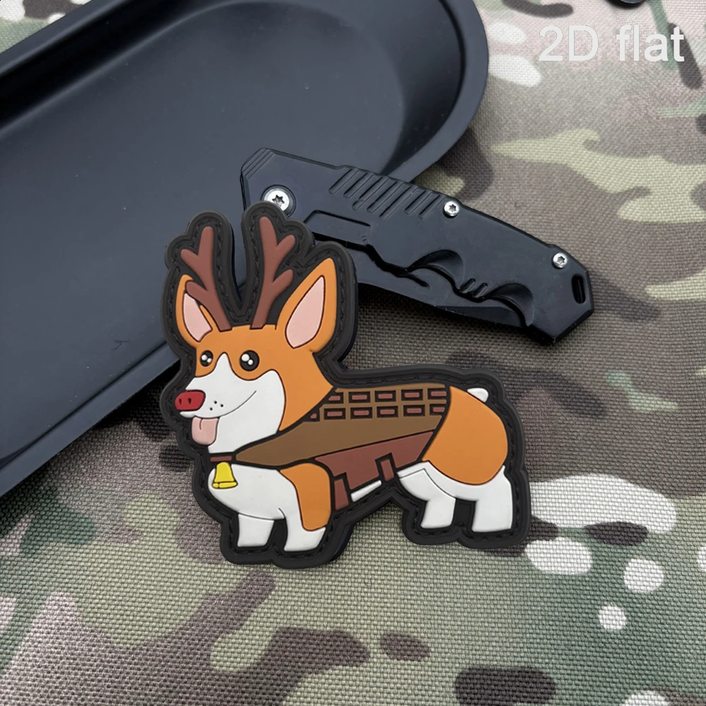 Cute Red-Nosed Deer Antler Tactical Strap Corgi 1Pc Rubber Glow-In-The-Dark Effect Velcro Patch with Matching Plush Surface, Full Coverage Black Edge Layered Soft Rubber, Suitable for Tactical Vests, Backpacks, Baseball Caps, Various Clothing Accessories, Daily Wear view 3