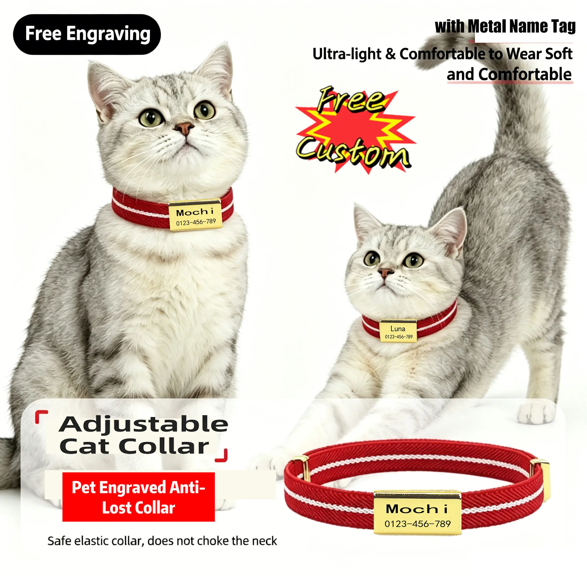 Collar Personalizado para Gato con Placa de Identificación Metálica, Antipérdida, Elástico, para Perros Pequeños y Gatitos, con Diseño a Rayas