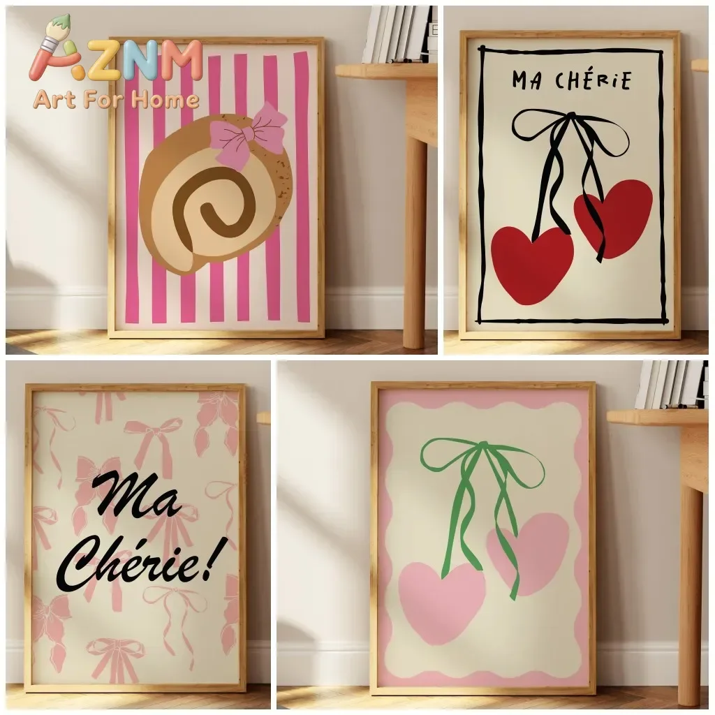1pc frameless Cute Pink Bow Art Print Retro Cinnamon Bun Poster Pictures Ma Cherie Canvas Painting Girl Bedroom Apartment Decor