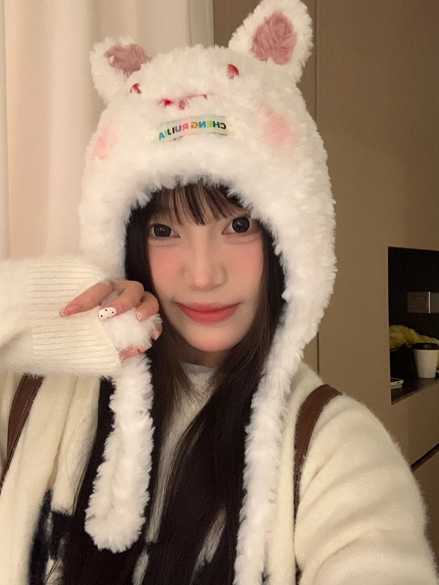 

Cute Pet Rabbit Thickened Warm Plush Hat Winter New knitted Versatile Earmuffs Lei Feng Hat