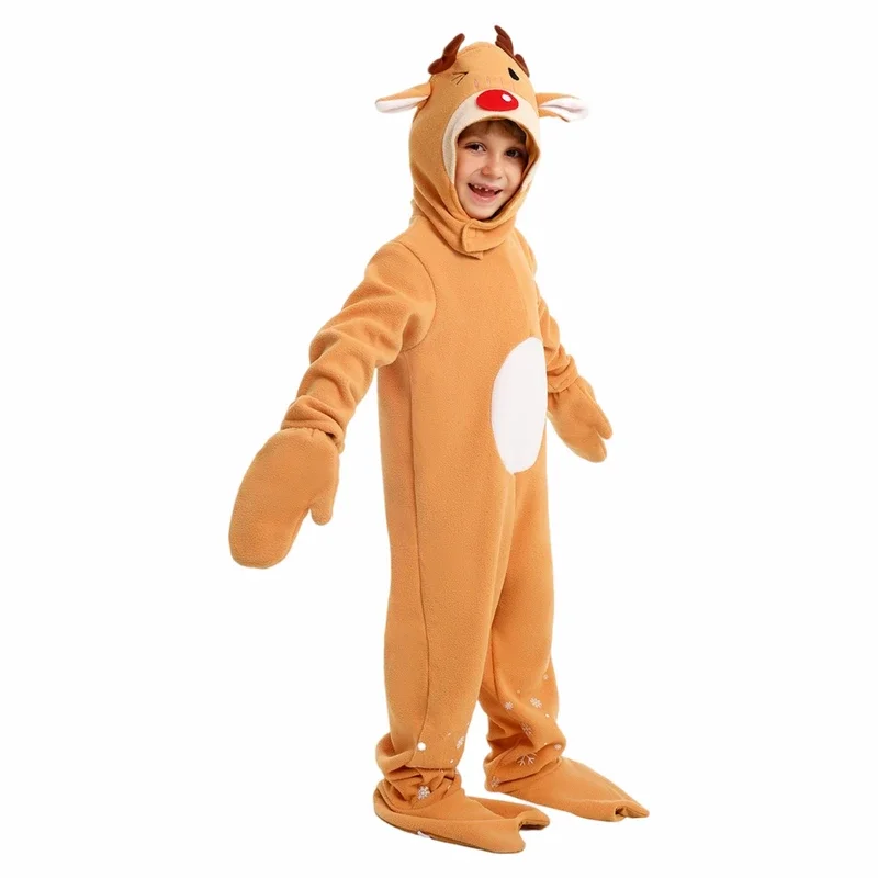 RT01 Adult Girls Animals Elk Christmas Reindeer Velvet Hooded Dress Kids Halloween Role Play Dress Up Cosplay Parent-Childre*Jk2