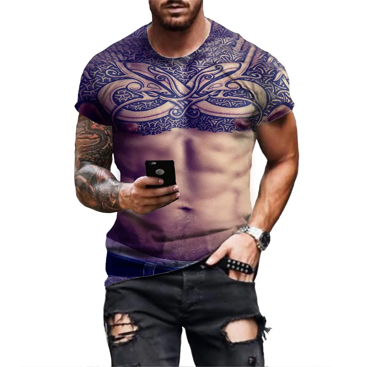 2022 Men's Summer Tattoo Muscle Short Sleeve Three-dimensional Pattern 3d Printing Men's T-shirt Trendy Streetwear Tops