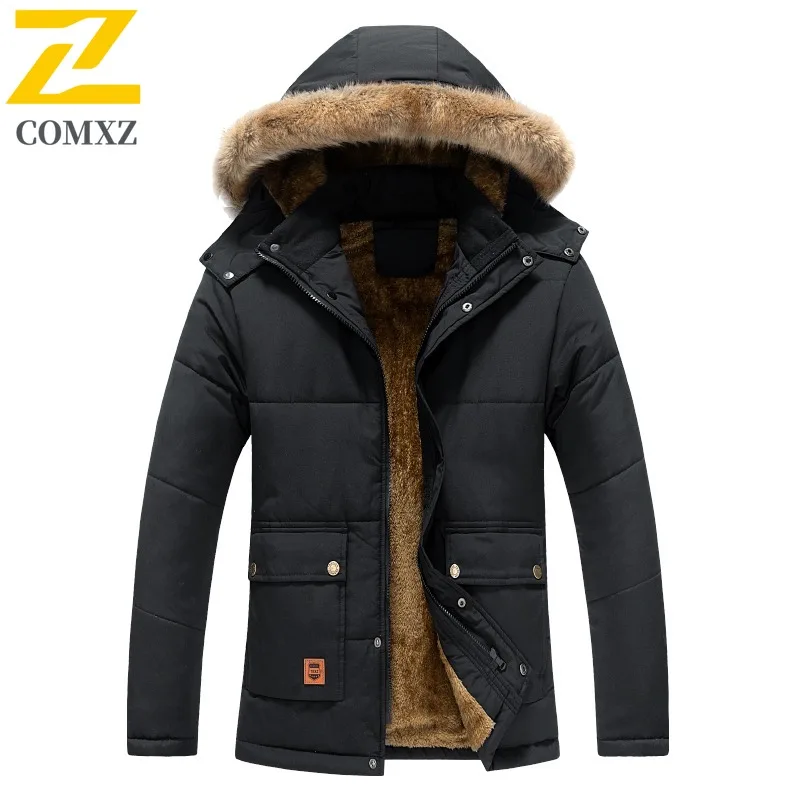 

Men Winter Hooded Windbreaker with Fur Trim Thickened Fleece Lining Waterproof Windproof Loose Fit Thermal Coat Outdoor Jacket