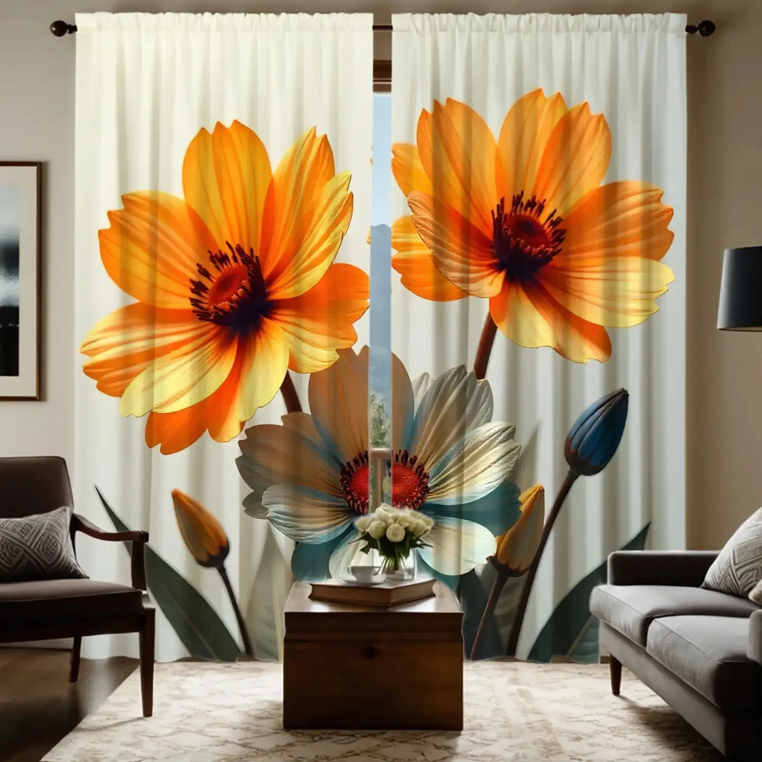 2pc Orange and blue floral pattern curtains, polyester fabric, machine washable, suitable for bedroom living room decoration