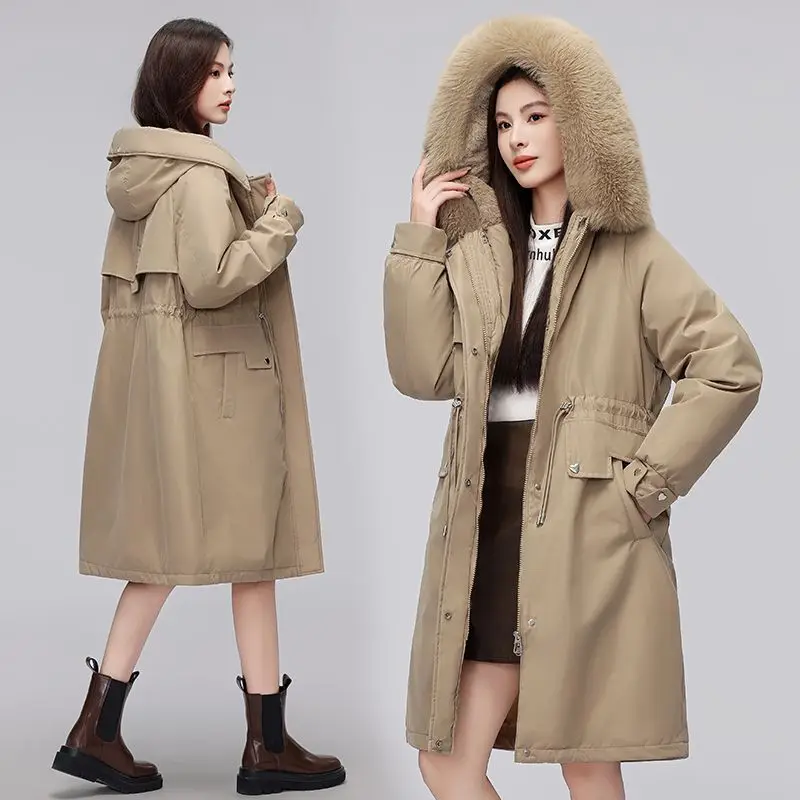 2025 New Winter Coat Women Down Padded Jacket Parkas Fur Collar Thick Hooded Cotton Coats Black Khaki Casual Outerwear Female