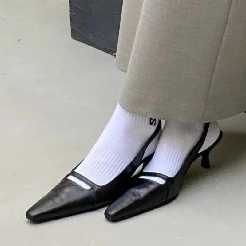 أشار تو هريرة الكعوب أحذية النساء الصنادل Slingback مثير 2025 الاتجاه فستان حفلة مضخات الضحلة الجلود العلامة التجارية Sandalias Mujer #4