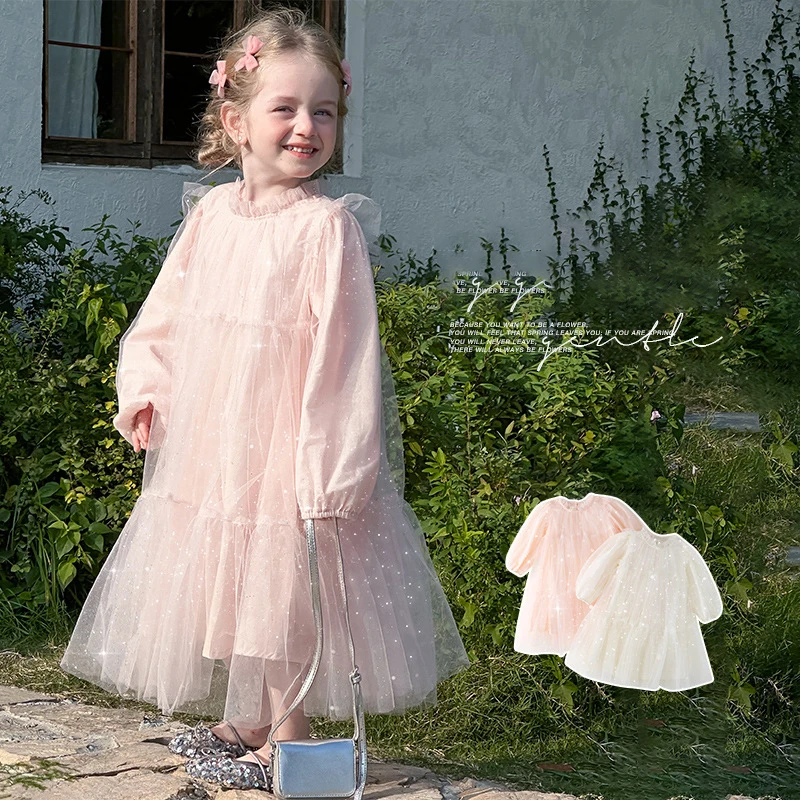 

2025 Spring New Kids Dress For Girls 2-7Y Girls Birthday Dress Mesh Elegant Dress for Girls Clothes