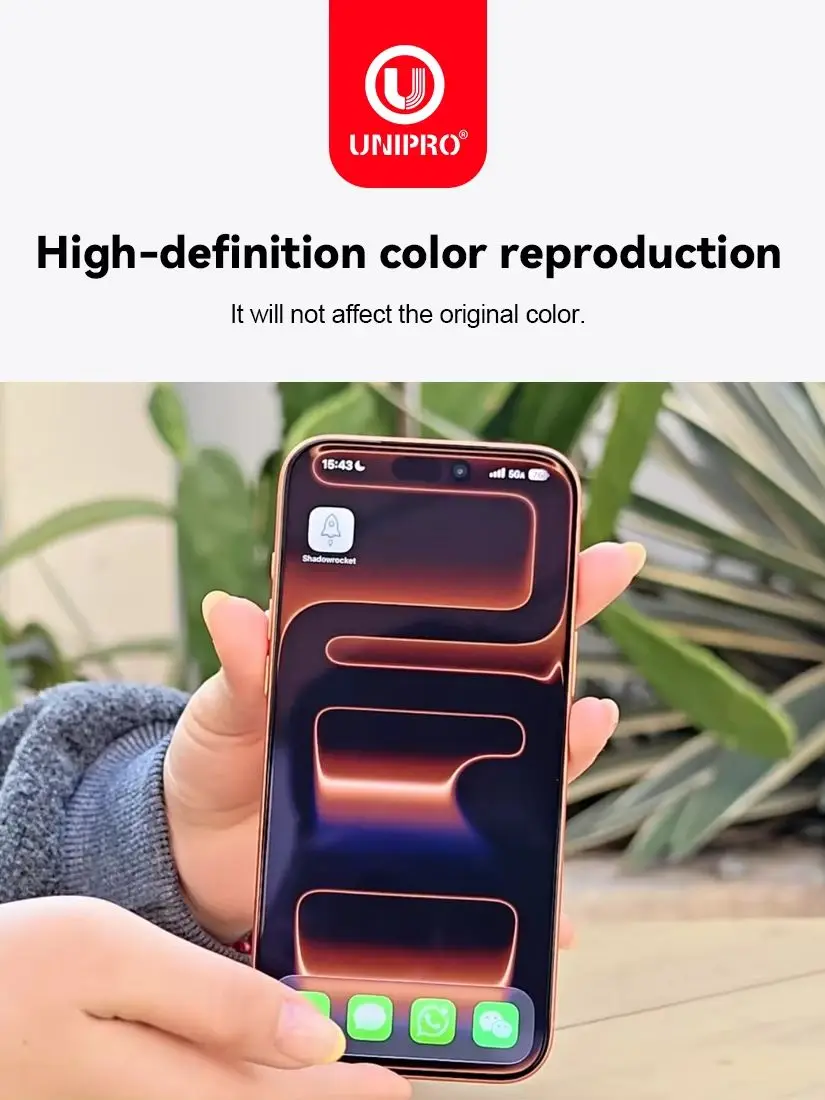 UNIPRO – wyjątkowo wytrzymałe, powlekaną antyrefleksyjnie i antyobrazową warstwą folią ochronną na ekran do iPhone 18, 17, 16, 15 Pro Max. Wytrzymałość 45 kg. Folia do iPhone 18 Duo. — zdjęcie produktu 7