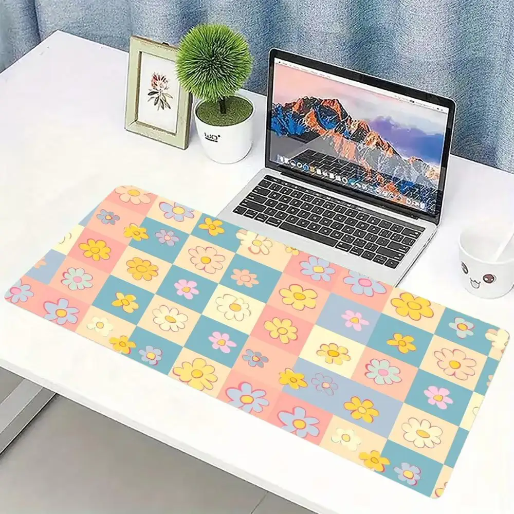 Pastel Checker Daisy Large Extended Gaming Mouse Pad Non Slip Desk Surface Cute Floral Grid Print For Gaming And Office Desktop