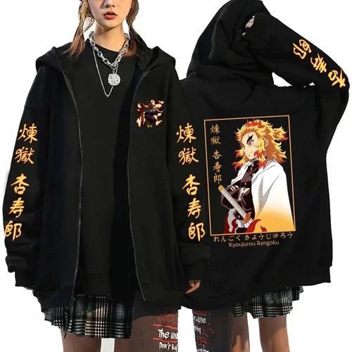 Imagen 2 del producto Nuevo Anime Rengoku Kyoujurou estampado cremallera Sudadera con capucha mujeres hombres Otoño Invierno moda manga larga pulóver Casual cremallera sudadera