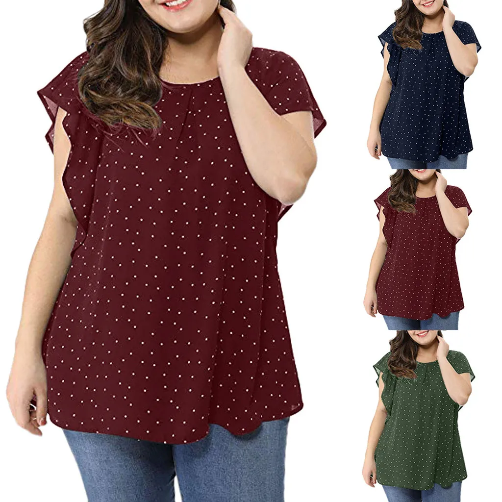 Women\'s Summer Plus Size Ruffle Sleeve Shirt Top Polka Dot Chiffon Blouse