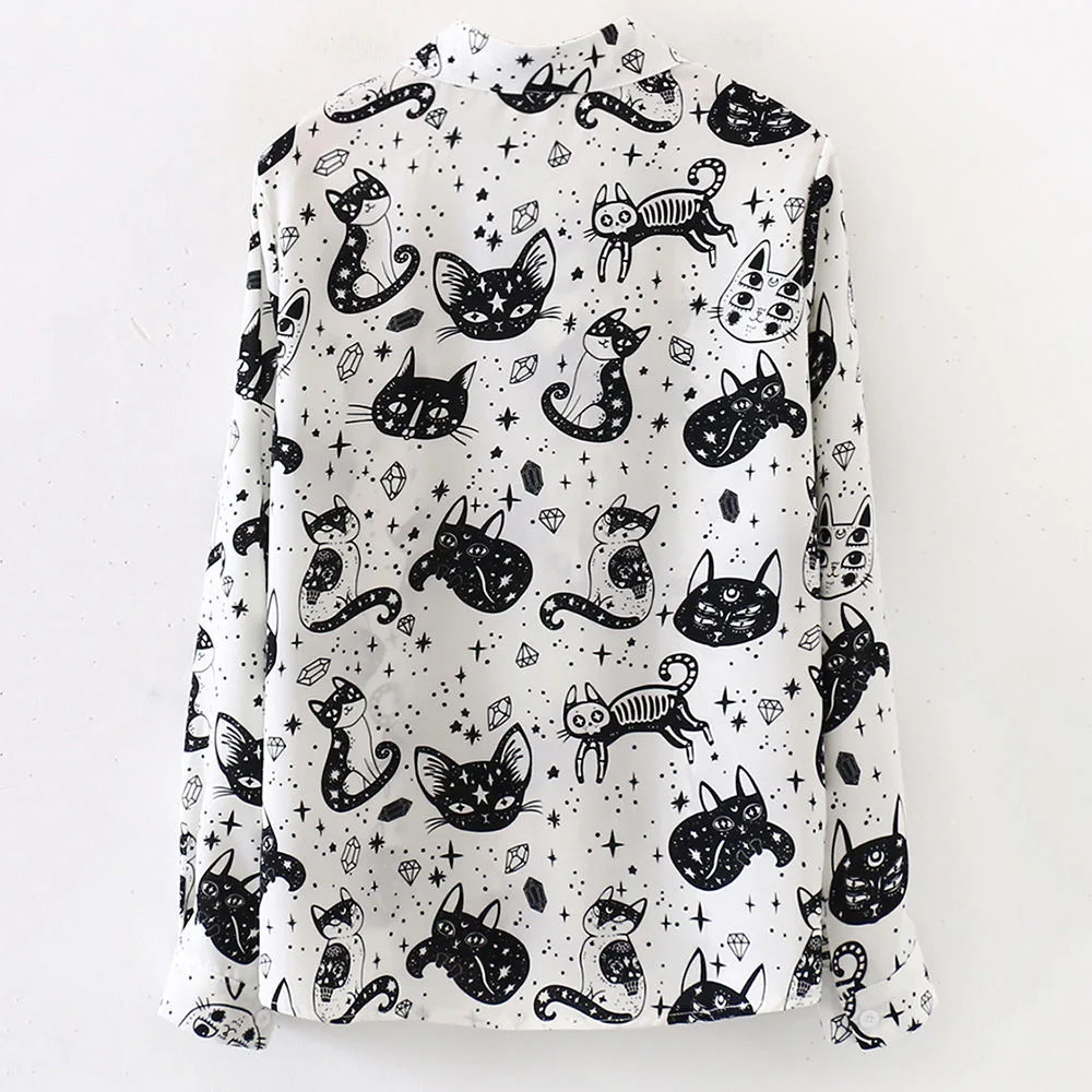 Kitty Print Shirt for Women Long Sleeve Turn-down Collared Button Down Cute Cartoon Blouse Ladies Spring Summer Kawaii Outfit