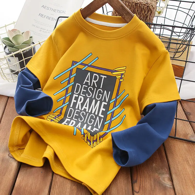 Children's T-Shirts Letter Printing Patchwork Sleeve Sweatshirt Boys Clothes T Shirt for Kids Boy 4 To 11 Years Kids Clothes