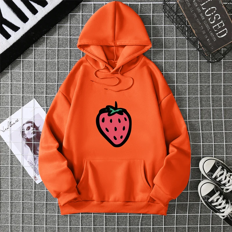2025 New Hooded Sweatshirt Strawberry Cartoon Print Street Fashion Model Wearing Black White Unisex Casual Hoodie CYXX368