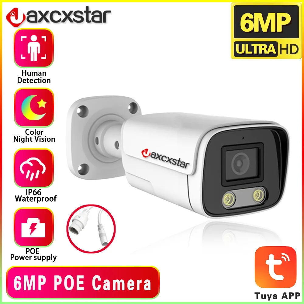 TUYA 6MP POE Camera videosorveglianza CCTV bidirezionale Audio visione notturna a colori Bullet telecamera di sicurezza impermeabile per NVR