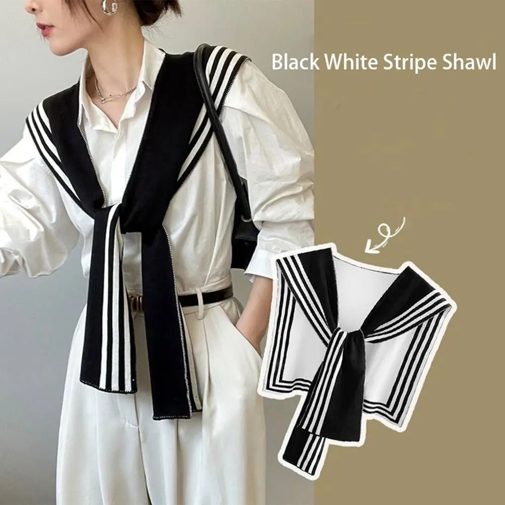 Blouse Shoulders Fake Collar Knitted Shawl Sunscreen Solid Color Black White Stripe Scarf Clothes Decoration Korean Style