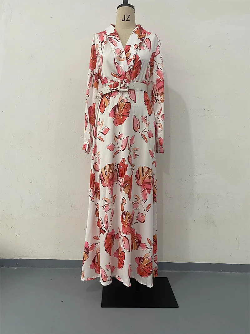 Dress Women Floral Print Long Dresses V Neck Maxi Long Sleeve Elegant High Waist Casual Boho Elegant A Line Vestidos Slim 2024