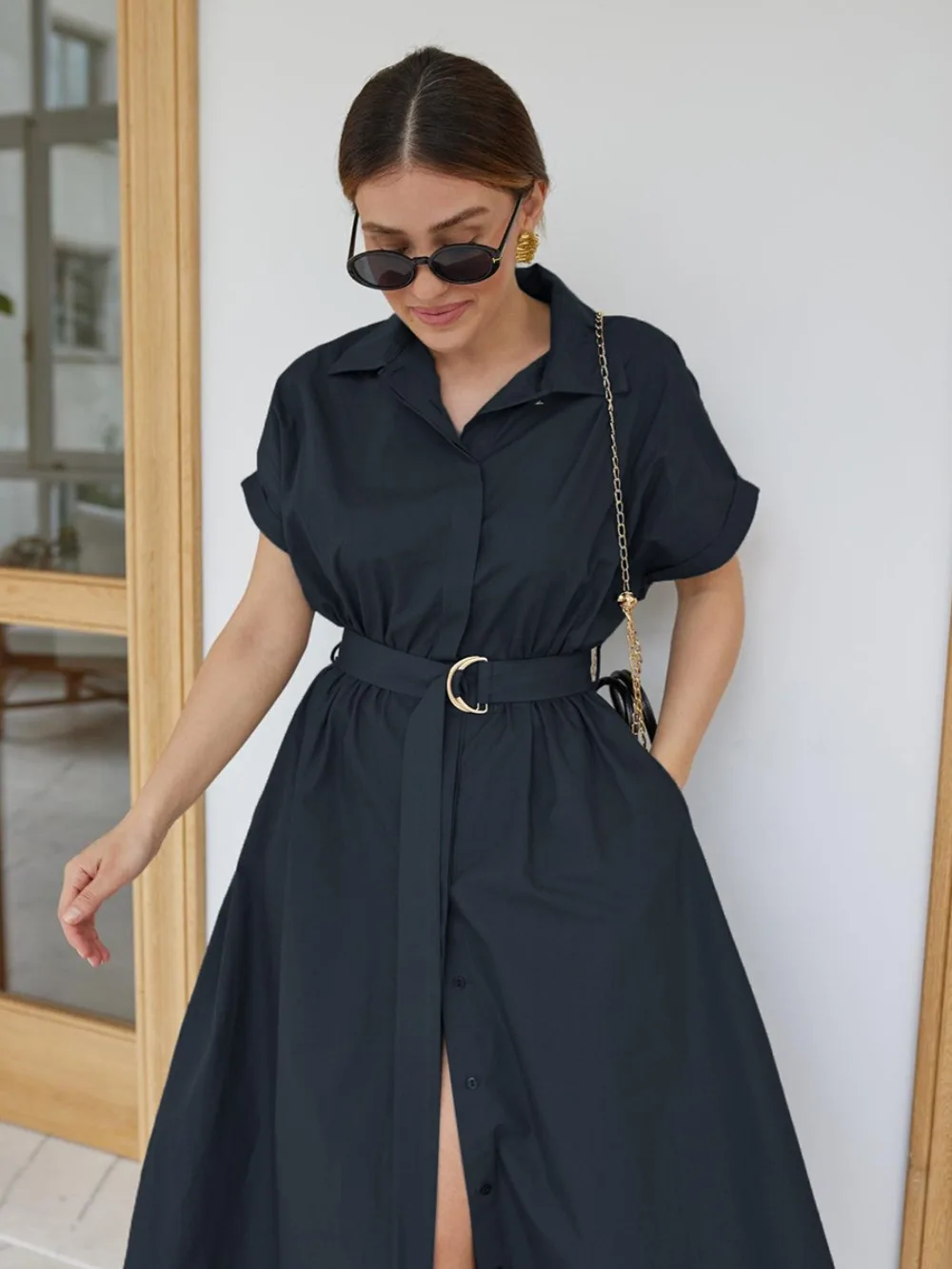 Spring and Summer Women's Cotton Short Sleeved Shirt Dress Elegant Solid Soft Daily Office Travel Beach Vacation Casual Dress