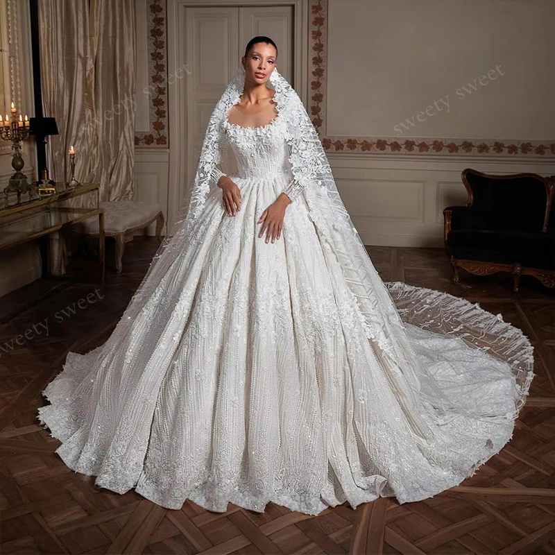 Robe De mariée à paillettes brodée avec perles, robe De bal De princesse, col carré à fleurs 3d, manches longues, personnalisée