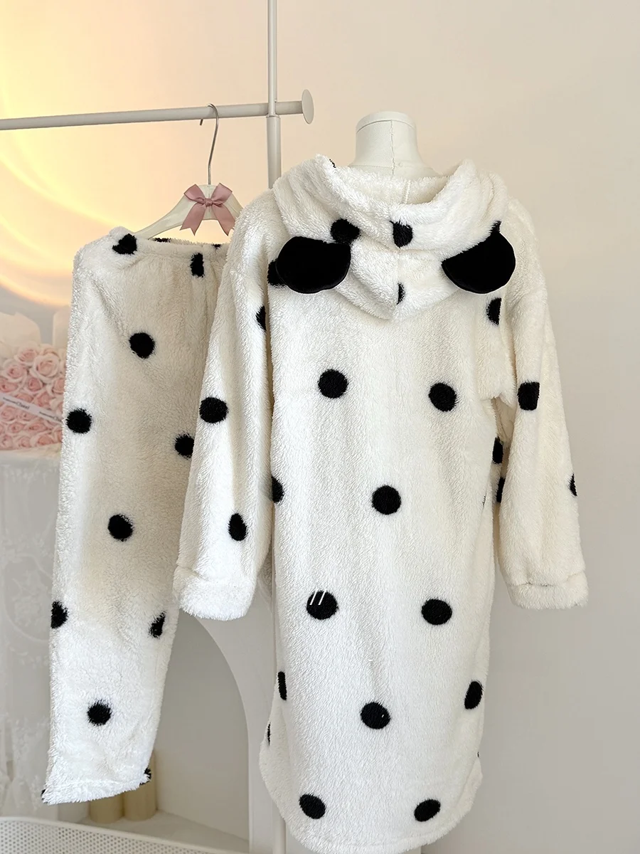 

Теплая домашняя одежда Roseberrrry Polka Dot из кораллового флиса с капюшоном для женщин, осенне-зимняя, для прогулок, мягкая, стеганая, с длинными рукавами