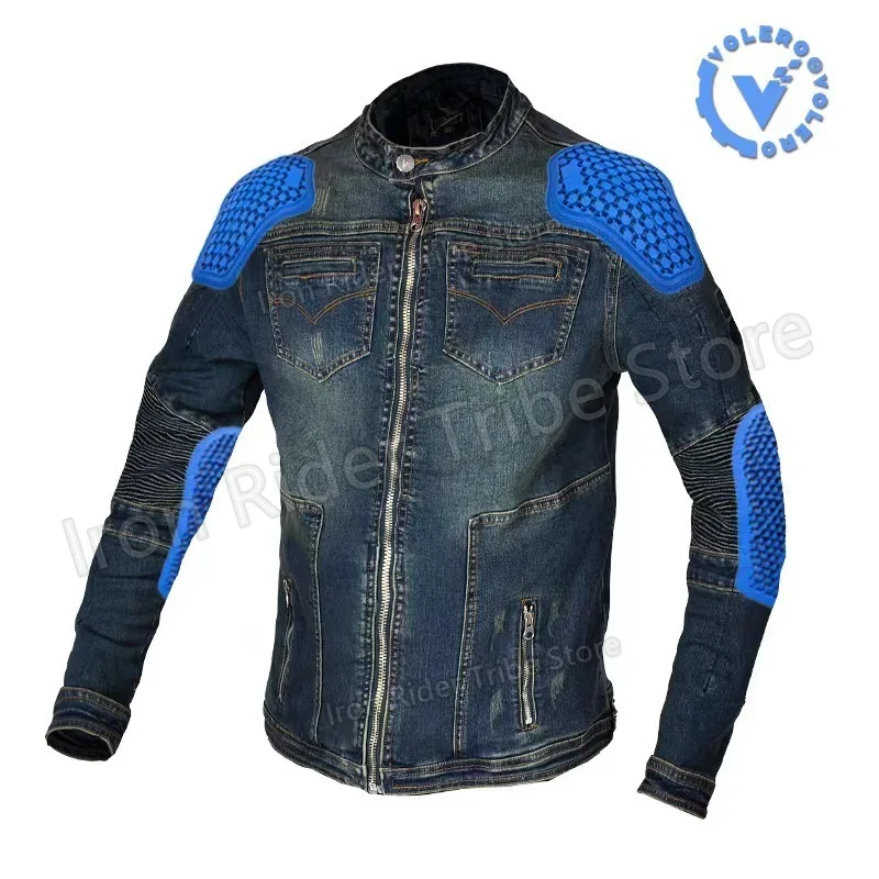 Unisex Retro Blue Motorcycle Denim Jacket Shirt Casual Anti-Fall Riding Gear With Removable Pads Chaqueta Vaquera Moto
