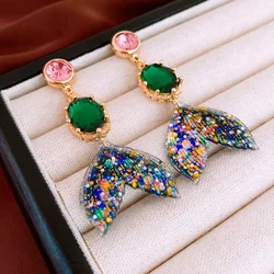 Colorful Fishtail Rhinestone Earrings for Women Fashion Style Drop Earrings Medieval Vintage High-grade Sense Jewelry Girl Party