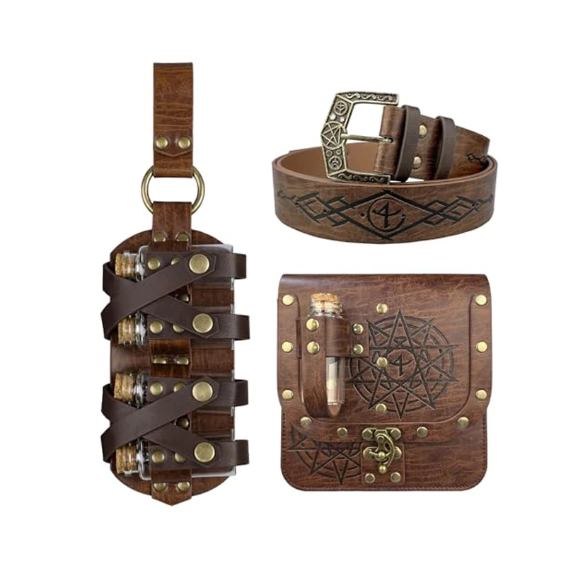 1pc/2pcs/3pcs Renaissance Retro Medieval Leather Waist Belt Waist Pack 4 Cork Small Bottles Set Viking Warrior Role-Playing For