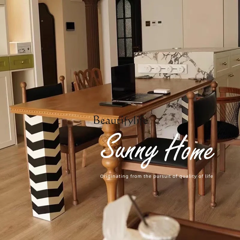 Medieval simple striped solid wood dining table, French creative retro rectangular dining table