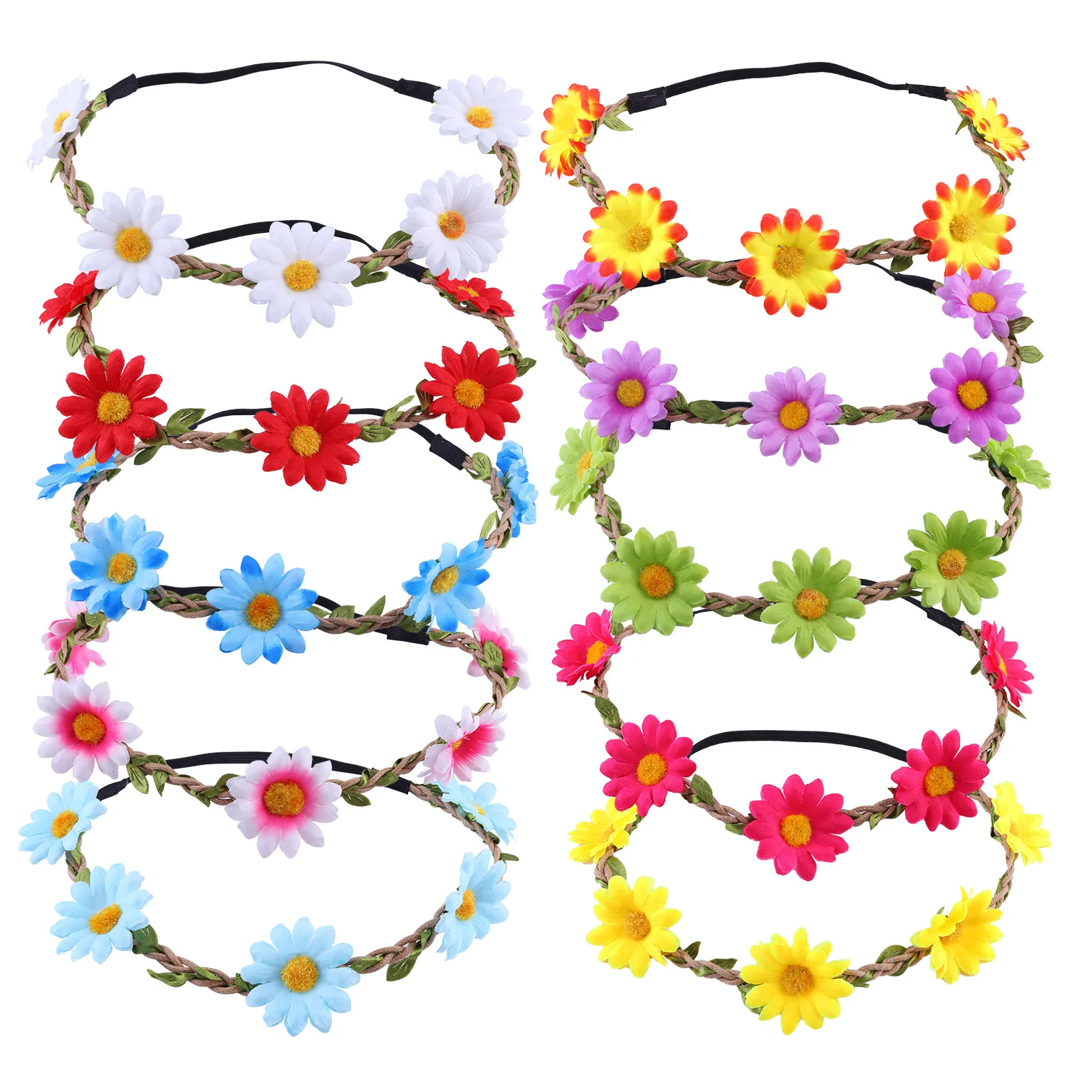 3Pcs/set Trend Women Boho Sunflowers Daisy Flowers Headband Hairband Hair Ornaments Garland Floral Wreath Woven Hair Decor