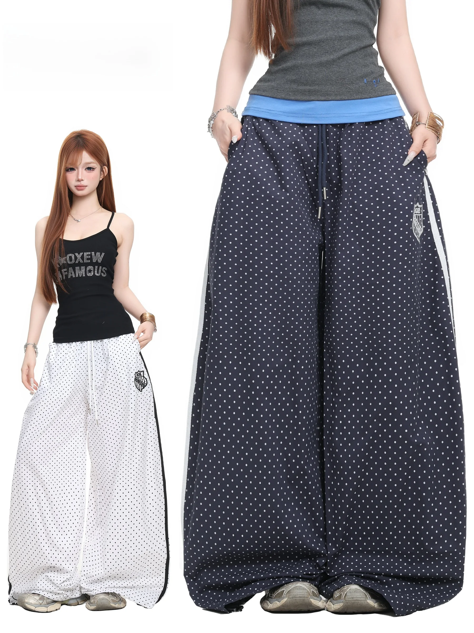 BASTERDS American Polka Dot Print Casual Pants Women Summer Low Waist Loose All-Match Wide Leg Pants Long Pants