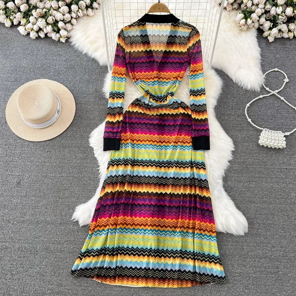 Runway Fashion V-neck Rainbow Color Striped Long Maxi Dresses Women Vintage Long Sleeve Mesh Sunscreen Beach Dresses