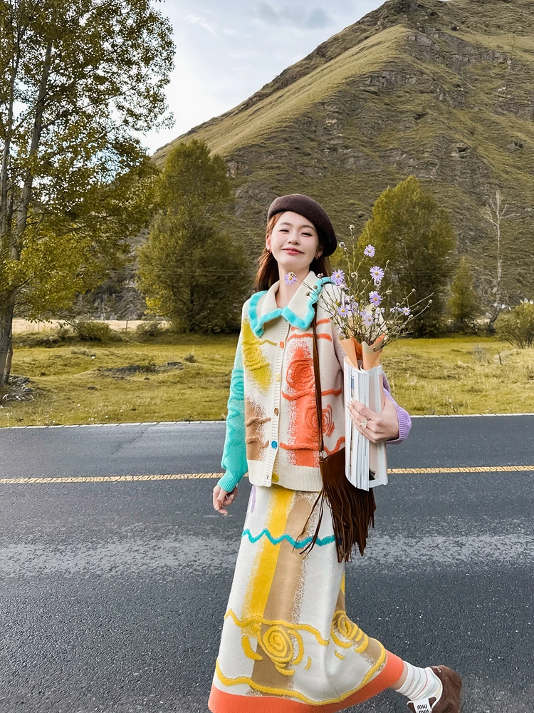 Cardigan tricoté à col rabattu coloré, pull taille haute, amincissant, jupe mi-longue, nouvelle collection printemps et automne 2025